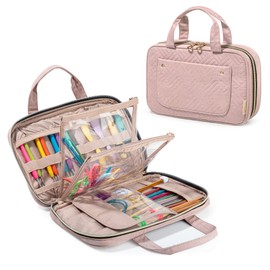 YARWO Knitting Needles Case (up to 27 cm), Crochet Hooks Organizer with Double Handle for Circular Knitting Needles and Knitting Accessories, Dusty Rose (Bag Only)