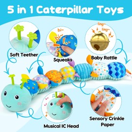 Baby Tummy Time Toy 0-6 Month Musical Stuffed Animal Plush Caterpillar Toy for Infant 6-12 Month Teething Sensory Toys with Crinkle Rattle for Babies 0-3-6 Month Newborn Gift for Boy Girl