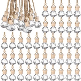 50pcs 8ml Hanging Car Air Freshener Empty Clear Glass Essential Oil Aromatherapy Fragrance Perfume Pendant Glass Vials with Wooden Caps Hanging String Car Diffuser Bottles