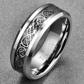 VAKKI Men's Celtic Dragon Tungsten Carbide Ring 8mm Black Carbon Fiber Engagement Wedding Bands Beveled Edge Size M 1/2