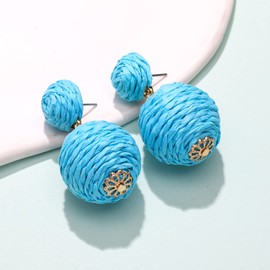 NVENF Rattan Earrings for Women Summer Earrings Raffia Ball Dangle Earrings Colorful Rattan Drop Earrings Summer Beach Gift (Blue)