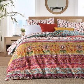 HORIMOTE HOME Bohemian Floral Duvet Cover Single Size Boho Quilt Cover Vintage Style Stripe Bedding Set with 1 Pillowcase 137 x 200 cm
