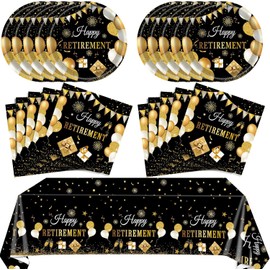 96 PCS Retirement Party Decorations for Men Women Happy Retirement Plates Napkins Set Black and Golden Disposable Dinnerware Tableware for Going Away Retired Farewell Party, Serve 24 Guests