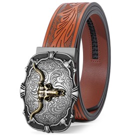 SANSTHS Ratchet Cowboy Belt, Western Ratchet Belts for Men Ratchet Western Belt with Automatic Cowboy Buckle, Bronze Bull/ Brown, 39"-45" Wasit Adjustable