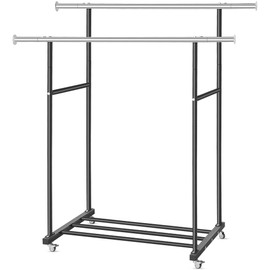 VICERII Clothes Rack, Double Clothing Rack with Wheels and Extra Wide Bottom Shelf, 52.36’’ Heavy Duty Garment Racks for Hanging Clothes, Coats, Shirts, Skirts, Dresses, 130LB Capacity, Black