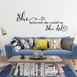 She Believed She Could So She Did Wall Sticker, Inspirational Wall Decals Quotes Motivational Wall Stickers Vinyl, Easy Peel and Stick Motivational Quote Wall Art for Living Room Home Decor