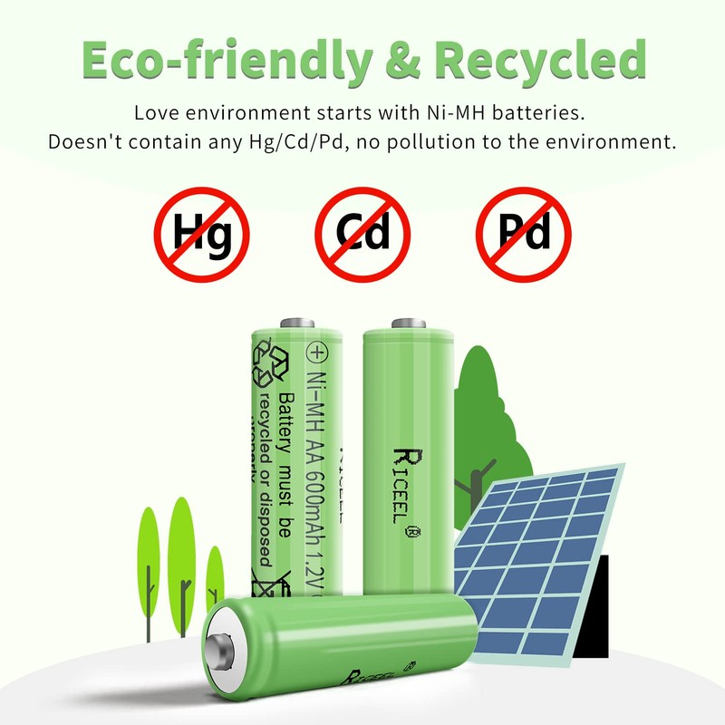RICEEL Rechargeable AA Batteries for Solar Lights NIMH 600mAh 1.2V
