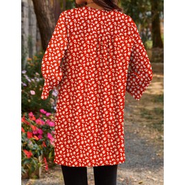 Poetsky Boho Fower Print Long Sleeve Shirts for Women 2025 Ladies Tunic Shirts for Leggings V Neck Flowy Casual Long Tshirt for Fall Red,XL