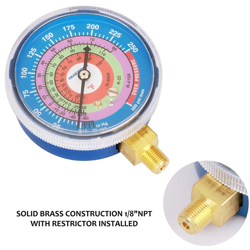 MEASUREMAN Refrigeration Pressure Gauge, 2-3/4" Dial, Blue Dial & Red
