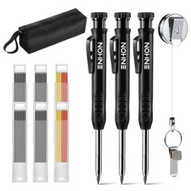 3 Pcs Carpenter Pencils with Retractable Holder, Mechanical Pencils Set with 36 Refills, Deep Hole Marker Construction Pencil with Built in Sharpener and Portable Pencil Bag for Architect Woodworking
