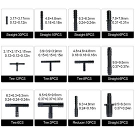 NVGFTG 113-Piece T-Connector Hose Connector Set, 12 Sizes T Hose Connector Assortment Car, Irrigation Connection Kit for Hoses, Drip Hose, Black