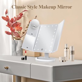 HUONUL Makeup Mirror Vanity with Lights, 2X 3X 10X Magnification, Touch Control, Trifold Mirror, Dual Power Supply, Gifts for Women, Wife, Mom, Teengirls(White)