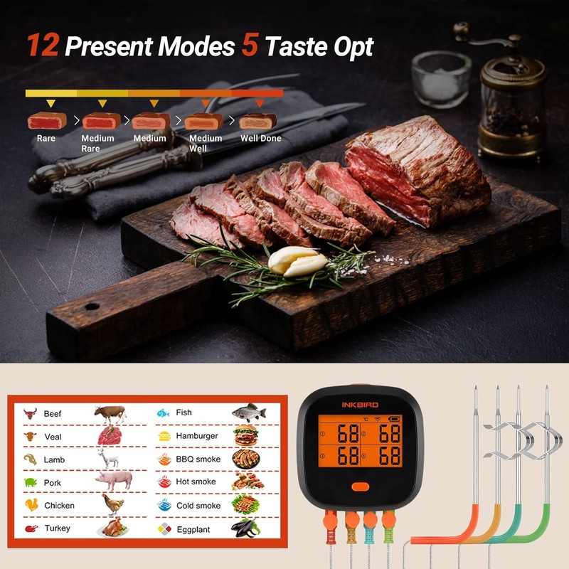 INKBIRD WiFi Meat Thermometer for Grilling, Unlimited Rang Rechargeable BBQ