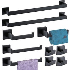 10-Pieces Bathroom Hardware Set Matte Black Bathroom Accessories Set SUS304 Towel Bar Set Includes 2 Towel Bar-24 Inch+2 Towel Holder+2 Toilet Paper Holder+4 Towel Hook(Matte Black)