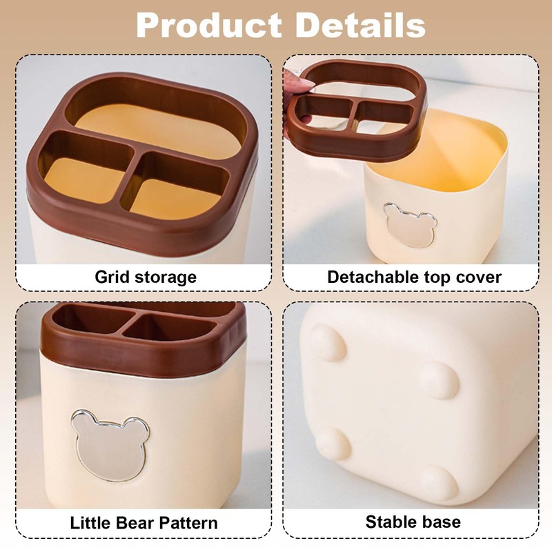 Disnace 2 Cute Bear Pen Holder with 3 Compartments, Desk