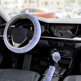 agctrler Set of 3 Steering Wheel Cover, Car Steering Wheel Cover, Handbrake Gear Cover, Non-Slip Warm Wool Plush Steering Wheel, Universal Steering Wheel Cover, Car Accessories (Grey)