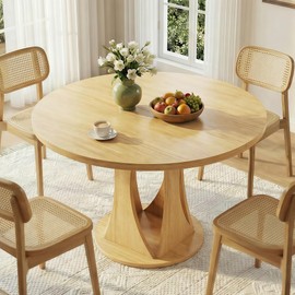 iPormis Round Dining Table, 47'' Kitchen Table for 4-6, Dining Room Dinner Table with Wooden Tabletop & Geometric Arcs Pedestal for Kitchen, Living Room, Home, Office, Oak