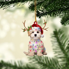 Talataca Maltipoo 2D Flat Christmas Ornament, Maltese Poodle Christmas Hat Reindeer String Lights Pine Tree Decor, Hanging House Charm Eve Keepsake, Car Rear View Mirror Accessories, Xmas Gift