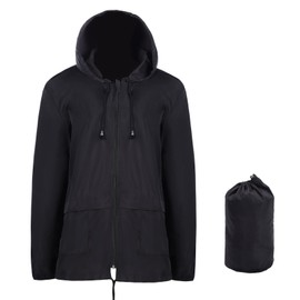 Giacca impermeabile leggera da donna, ripiegabile, con cappuccio, per escursionismo, corsa, ciclismo, Nero , M