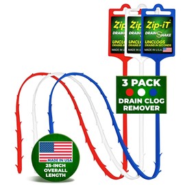 Zip-It Hair Drain Clog Remover, 25-inch Unclogger Tool for Shower, Tub & Sink in Seconds, Reusable, Flexible, Non-Toxic Drain Snake (3-pack)