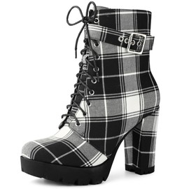 Perphy Platform Lace Up Chunky Heel Plaid Printed Black Ankle Combat Boots for Women 9 M US