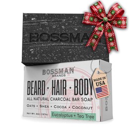 Bossman 4-in-1 Charcoal Soap Bar (4 oz) – Bar Soap for Men – All-Natural Beard Wash, Shampoo, Body Wash & Shaving Solution – Eucalyptus & Tea Tree Scent