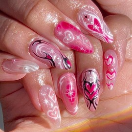 24 Pcs Pink Press on Nails Short Almond - SHANRUN Y2K French Fake Nails Press ons Nail Art Tip Glue on Nails Starburst Pearls Design Full Cover Artificial Acrylic False Nails Stick on Nails Kit