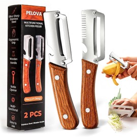 2Pcs Multifunctional Vegetable Peeler with Ergonomic Wooden Handle, Julienne Shredder and Bottle Opener, 3-in-1 & 2-in-1 Stainless Steel Kitchen Gadget