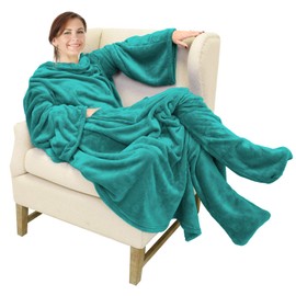 Catalonia Wearable Fleece Blanket with Sleeves and Foot Pockets for Adult Women Men,Micro Plush Comfy Wrap Sleeved Throw Blanket Robe Large,Green