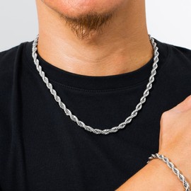 KRKC&CO Rope Chain Necklace for Men, Silver Color Chain for Men 6mm, PVD Plating Stainless Steel Twist Chain, Nickel-Free Hip Hop Jewelry for Men, 20inches