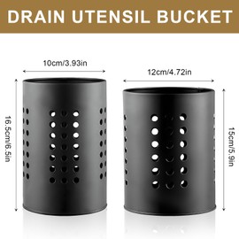 Ksvaye Pack of 2 Kitchen Utensil Holder Black Utensil Holder Kitchen Stainless Steel Container for Kitchen Utensils Kitchen Counter Cutlery Stand Round Cutlery Drainer for Worktop Storage
