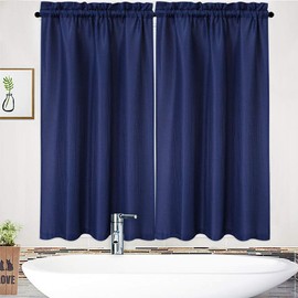 NANAN Tier Curtains,Waffle Weave Textured Tailored Short Curtains for Bathroom Waterproof Window Covering Kitchen Cafe Curtains - 30" x 45", Navy Blue, Set of 2