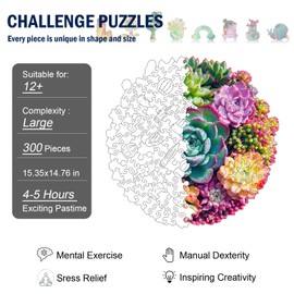 Wooden Puzzles for Adults, 300 Piece 15.35" x 14.76" Unique Shaped Wood Puzzle, Mandala Succulent Jigsaw Puzzles, Brain Teaser Puzzles for Adults, Family Games for Kids and Adults