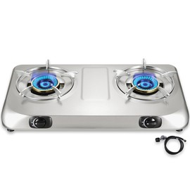 BesNerg 2 Burner Propane Stove Two burner, Portable Stainless Steel Auto Ignition Gas Cooktop, Included Gas Pressure Regulator, Suitable for Outdoor/Camping(Silver)