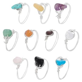 UNICRAFTALE 10Pcs Sliver Chakra Crystal Rings 10 Styles Gemstone Rings Copper Wire Wrapped Ring Irregular Colorful Gem Ring for Women