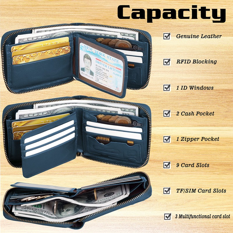 Admetus RFID Wallet for Men Leather Zip Wallet Bifold Card