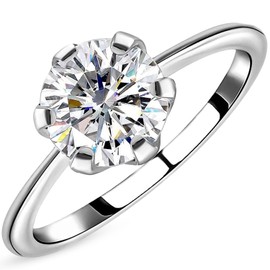 TJC Moissanite Solitaire Ring for Women Engagement Ladies Rings in Platinum Plated 925 Sterling Silver Size K Prong Setting Metal Wt. 1.88 Grams