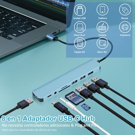 HeiLuon Hub USB C 8 en 1,USB 3.0 con Jack 3.5mm, Adaptador de Puertos USB Múltiple para Laptop, 4 Puertos USB, 1 Puerto USB-C, Lector de Tarjetas TF &