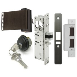 Pacific Doorware AR Rite Style Latch Storefront Door Mortise Deadlatch Lock Exit Paddle Handle Kit w/Cylinder & Keys, in Duronotic (1-1/8" Backset, Push Door to Right)