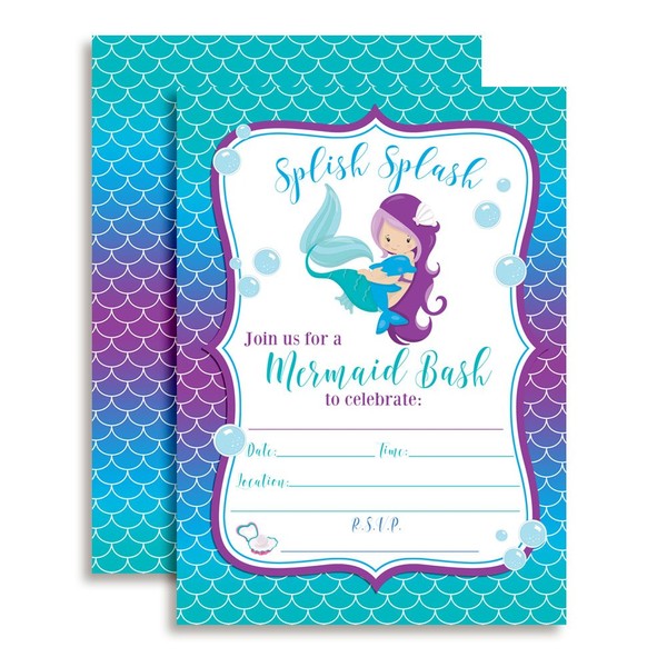 Magical Mermaid Birthday Party Invitations for Girls, 20 5"x7" Fill In Cards with Twenty White Envelopes by AmandaCreation, Mermaid with Light Complexion