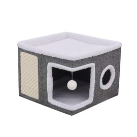 Cat House Cave Hideout with Hanging Ball and Scratch Pad, Collapsible (Grey, 15.3 x 15.3 x 12.5 inches)