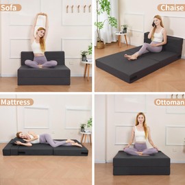 Fvkind Folding Sofa Bed, Foldable Sleeper Chair with Washable Cover, Twin Size Convertible Futon Sofa Bed with Pillows, Fold Out Couch for Living Room, Dorm, Guest Room, Standard Size, Dark Grey