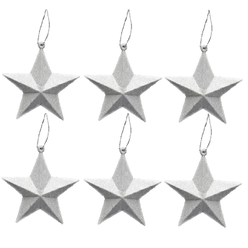 Pack of 6-8cm 3D Glitter Star Baubles Christmas Tree Decorations