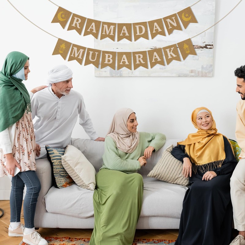 Jute Burlap Ramadan Mubarak Banner with Moon and Star Ramadan