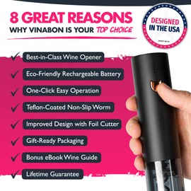 VINABON Abrebotellas de vino eléctrico – Sacacorchos recargable de alta calidad 2025 con cortador de aluminio, funcionamiento automático de un solo toque y luces LED. Incluye libro electrónico Guía de