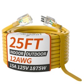 PlugSaf 25ft 12/3 Gauge Outdoor Extension Cord Waterproof with Lighted Indicator,12 Gauge SJTW Heavy Duty 15Amp 1875W,3 Prong Cords Flexible 100% Copper Yellow ETL Listed