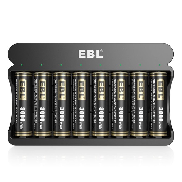 EBL 8 Pack Rechargeable AA Batteries Ni-Zn 3000mWh with 8 Bay Ni-Zn Battery Charger - 1.6V Double A Battery High Performence Battery and AA AAA Ni-Zn Battery Charger