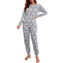 PrinStory Womens Pajama Set Long Sleeve Sleepwear Nightwear Soft Pjs Lounge Sets With Pockets FP-Pink Star-Small