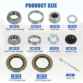 4 Sets 8000 LB Trailer Axle Bearing Kit, 02475/02420 Outer Bearing (1.25'' ID), 25580/25520 Inner Bearing (1.75'' ID), Double Lip Grease Seals 10-36 10-10 for 8000# Axles with #D42 Spindle