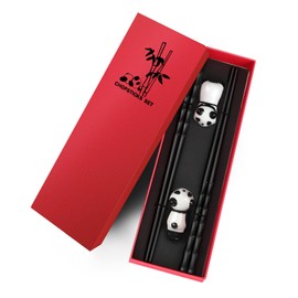 2 Pairs Chopsticks with 2 Panda Ceramic Chopsticks Holder, Reusable Fibreglass Chinese Chopsticks, Dishwasher Safe, Panda Gift, Chinese Gift Set (24 cm)